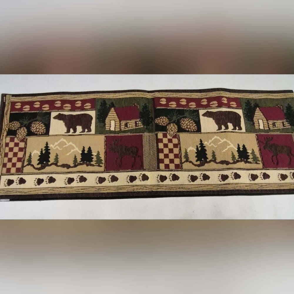DII Log Cabin Tapestry Table Runner 71 x 13 Inches Bear Moose Pine Cones Trees